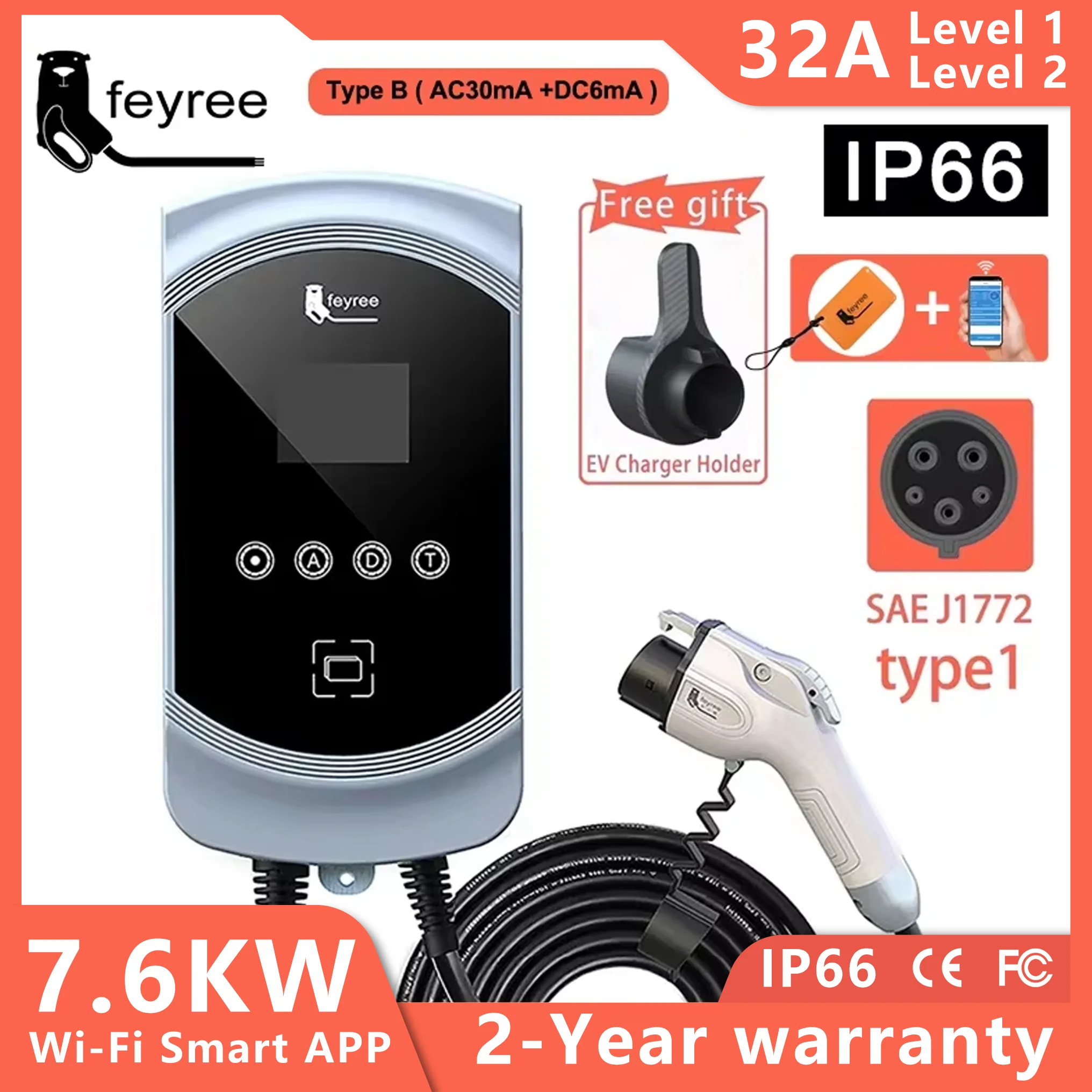 

Feyree APP Control EV Charger type 1 Cable j1772 Socket 32A 40A 50A, однофазная EVSE Wallbox зарядная станция для электромобиля