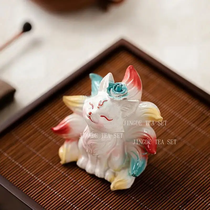 1pc Color Changing Nine Tailed Fox Tea Pet Resin Figurine Ornament Cute Fox Statue Tea Table Decoration For Kung Fu Tea Set