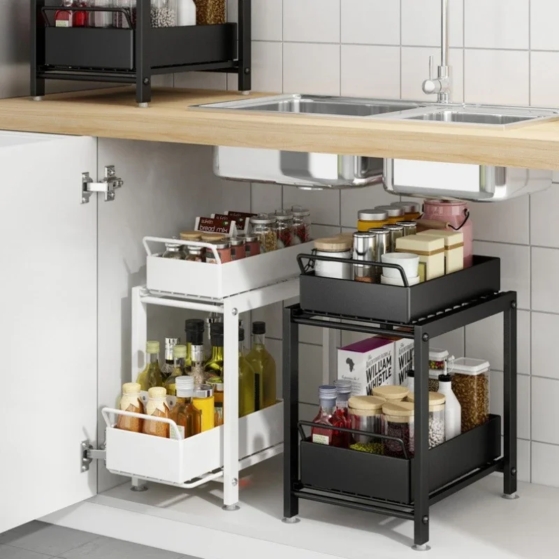 Sliding Drawer Under Sink Organizer Kitchen 2 Layer Multipurpose Rack Cabinet Storage Rack for Bathroom Kitchen