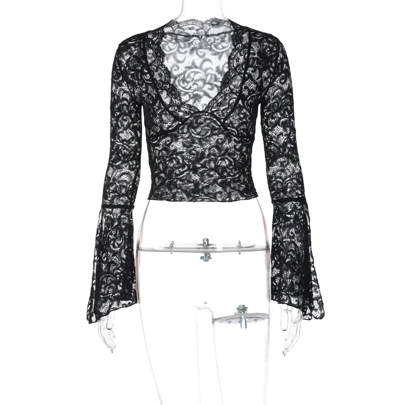 2026 frühling Sommer Langarm Crop Tops Frauen Club Durchsichtig Spitze Bodycon Schwarz Y2K T-Shirt Weibliche V-ausschnitt Kurze T-shirt Tops – Detail 21