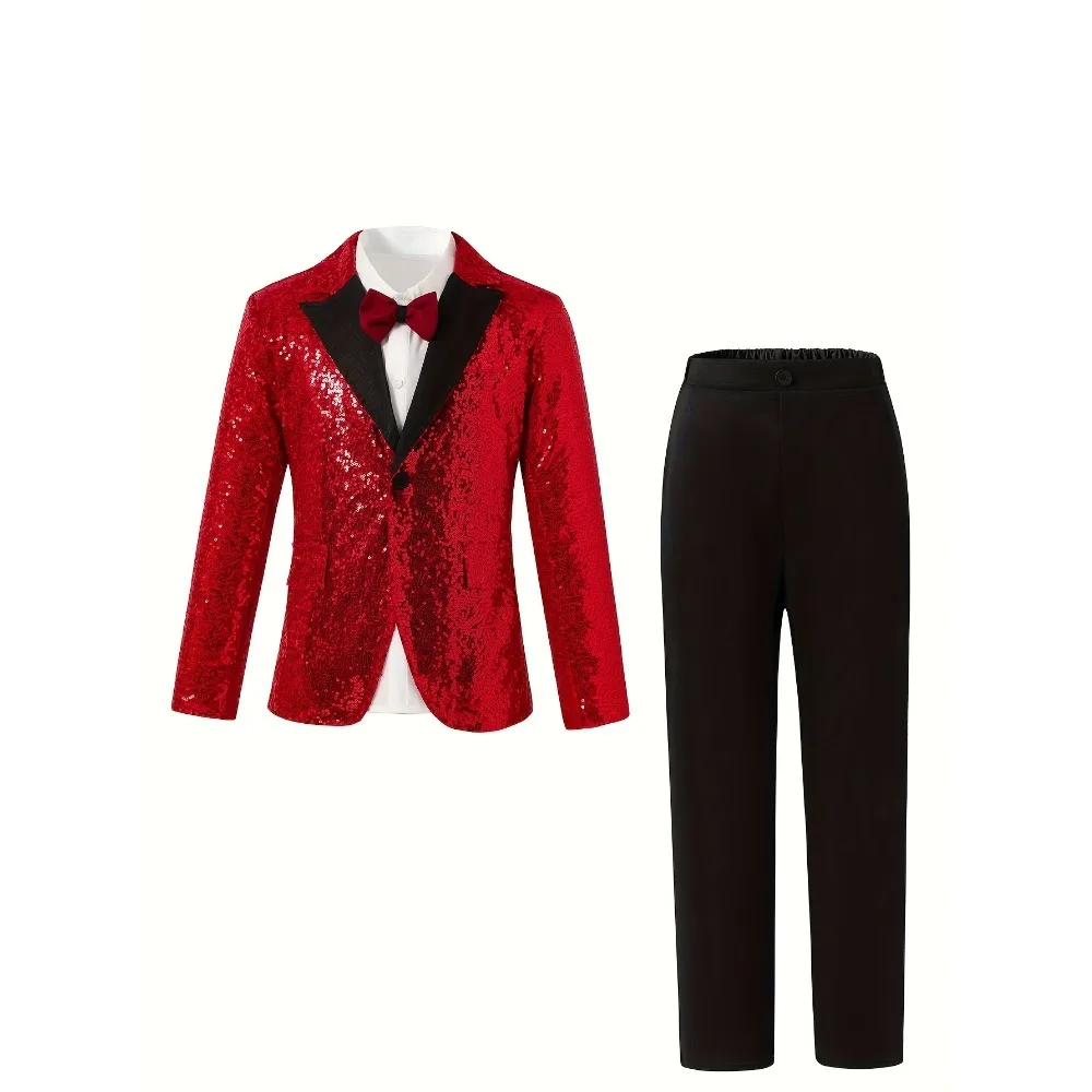 طقم بدلة رسمية للأولاد من توين بوي مكون من 4 قطع: بدلة طية صدر السترة باللون الأحمر والترتر الأسود + ربطة عنق حمراء + قميص أبيض + بنطلون أسود. لا