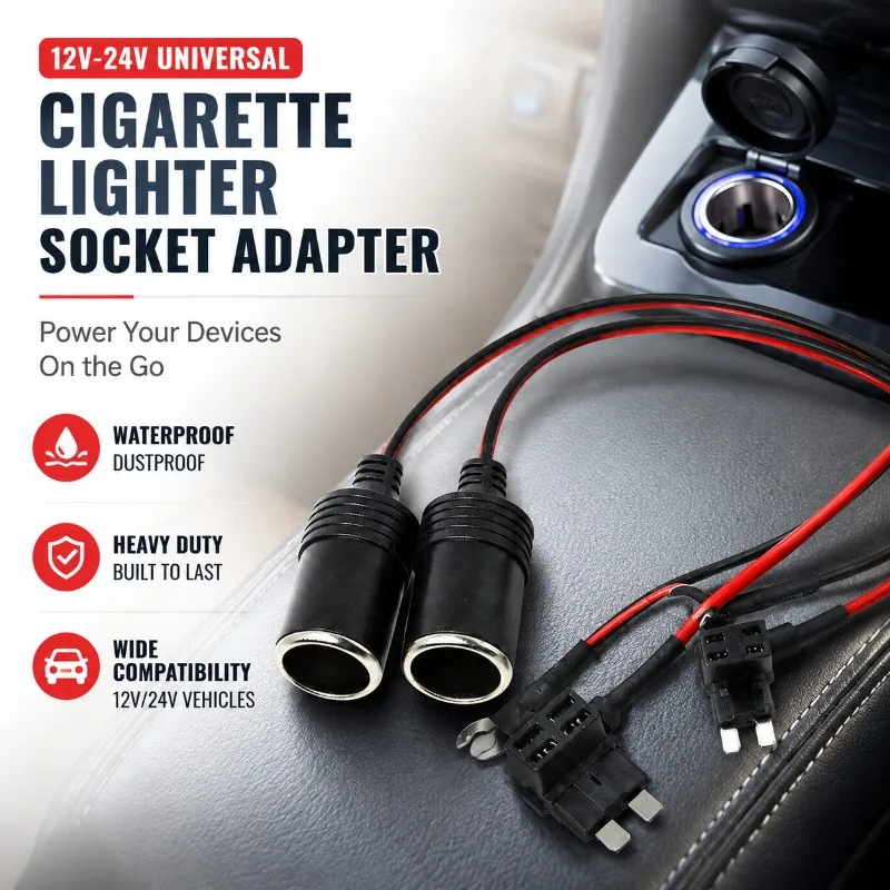 12V-24V Car Cigarette Lighter Socket Adapter, Waterproof Power Outlet Socket with Cover, Heavy Duty Modified Cigarette Lighter