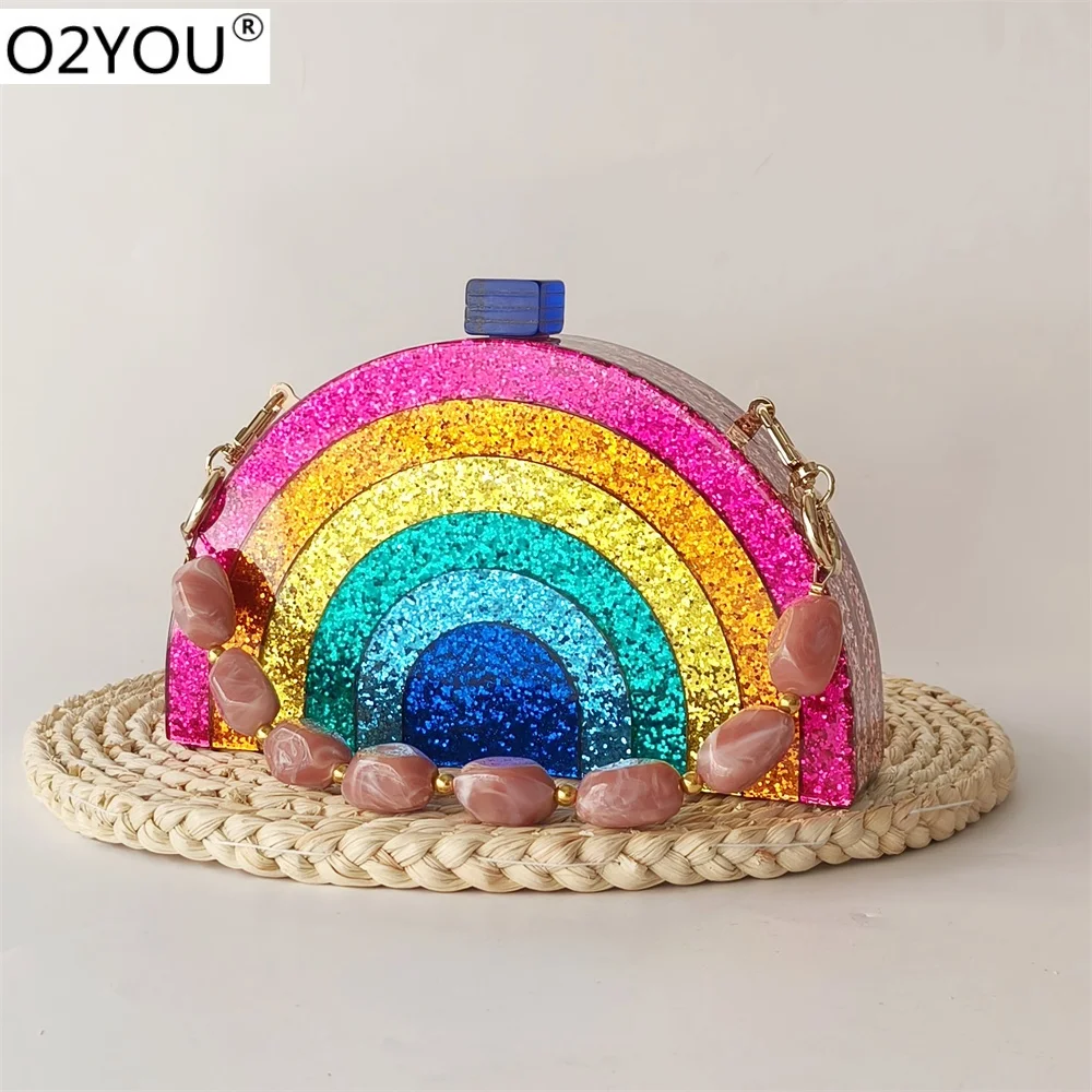 Colorful Half Moon Rainbow Striped Acrylic Box Women Stones Evening Clutches Party Bridal Purses Handbags Minaudiere Clutch Bag