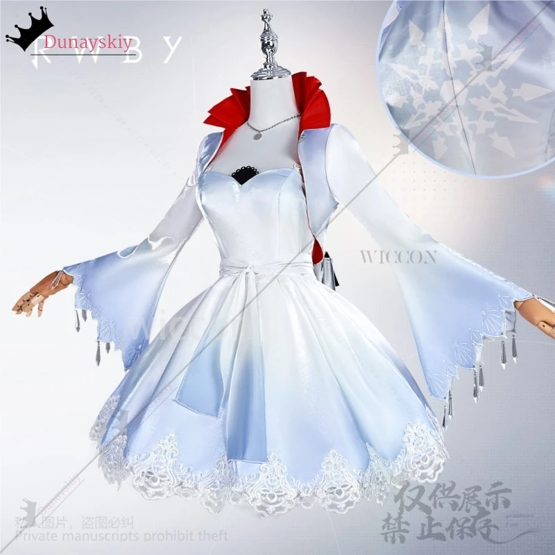 Anime RWBY Cosplay Weiss Schnee Costume White To Blue Gradient Elegance Dress Lace Lolita Ponytail Wig Jirai Kei Girls -코스프레