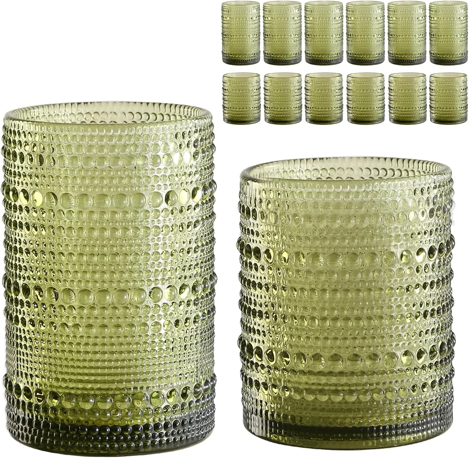 

Vintage Hobnail Glassware Set of 12, Green 12oz & 15oz Cups for Beer Cocktail Juice Drinks with Cleaning Brush