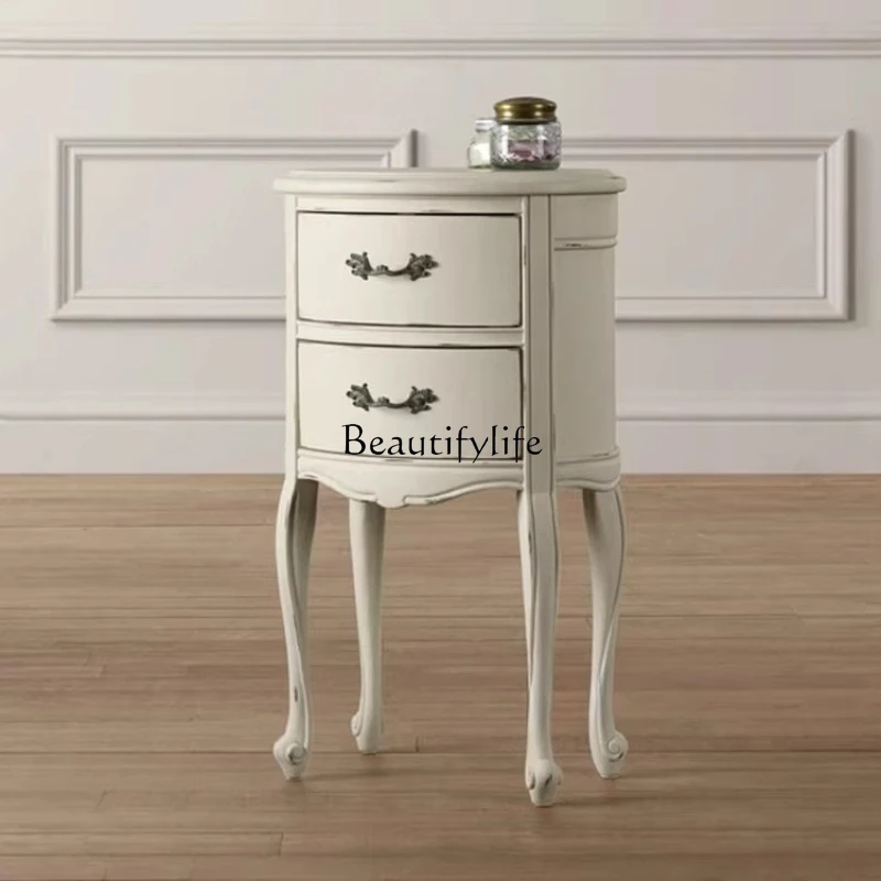 

American white old solid wood bedside table French retro corner few bedrooms round