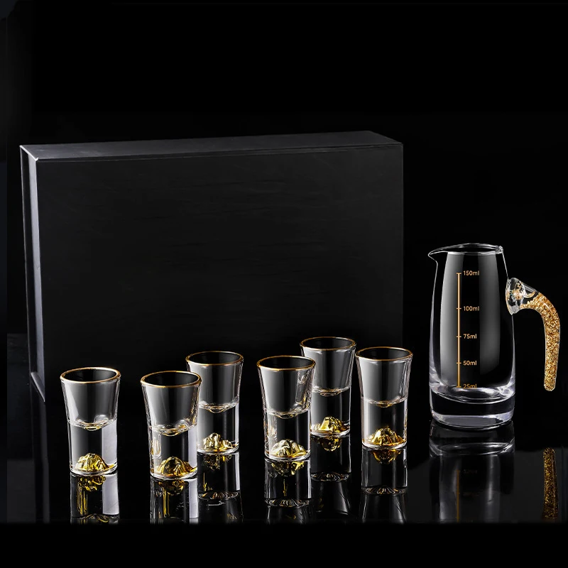 2/7pcs Crystal Glass Short Cup Gift Box Set Lead Free Liquor Glass With Wine Dispenser Golden Vodka Brandy Wine Glasses Soju Cup