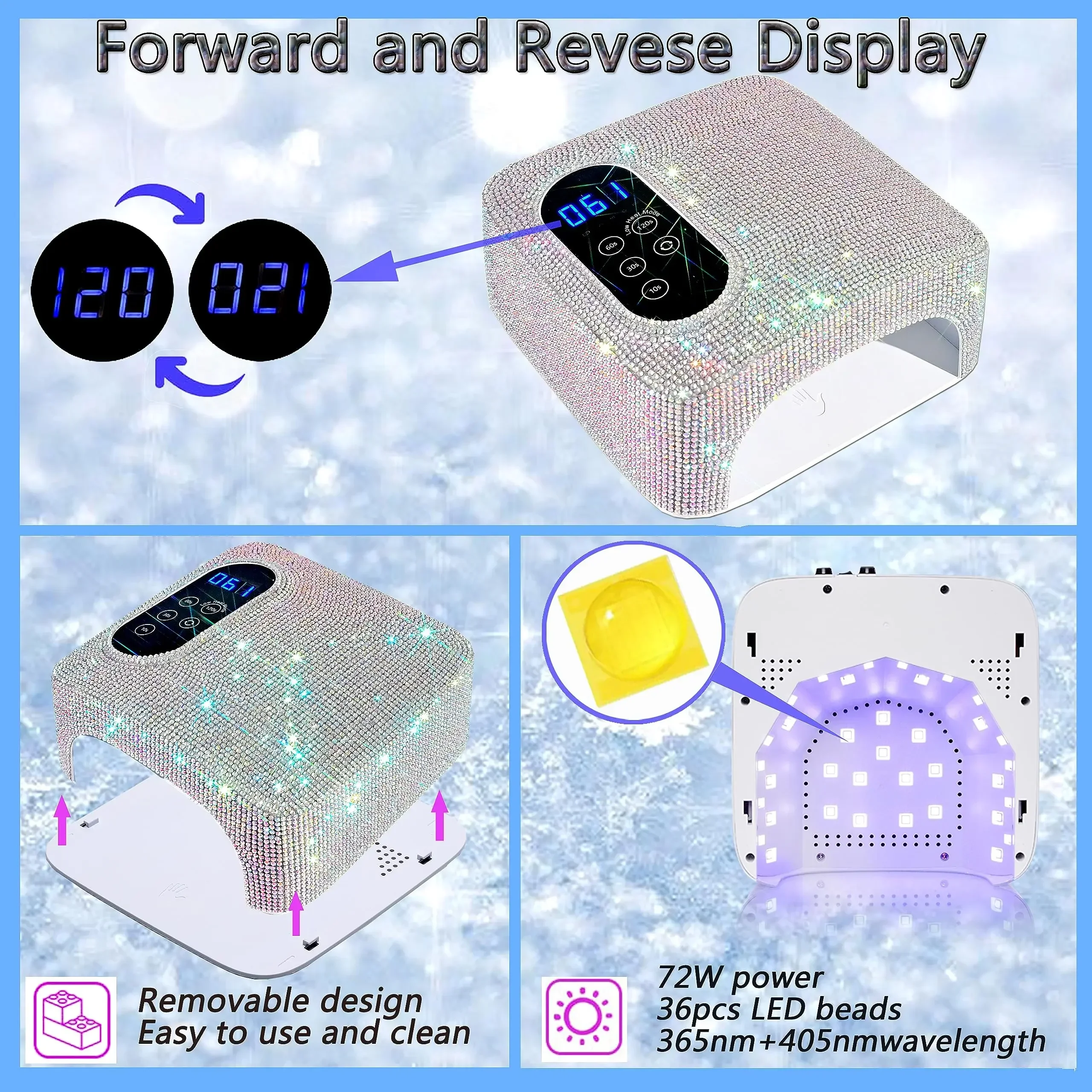 충전식 UV LED 네일 램프, 무선 네일 드라이어, 크리스탈 포함, 전문 UV 캐빈, 젤 네일 드라이어, 매니큐어 살롱 사용, 72W