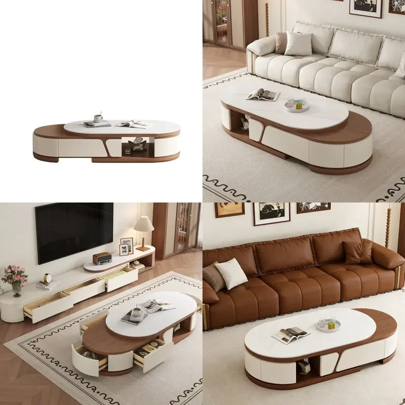 All Solid Wood Cream Style Telescopic Oval Coffee Table and TV Cabinet Combo Living Room Household Rock Slab Surface New