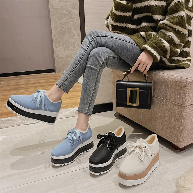 COOTELILI 2024 Wniter Warm Shoes Woman Wedge Pumps Women Sneakers Flats Platform Shoes With Plush 7cm Heels Lace Up Size 35-40