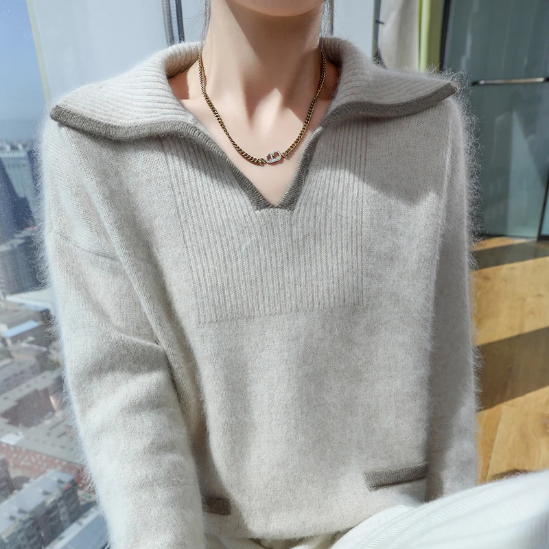 

Толстый осенне-зимний свитер из 100% норкового кашемира, пуловер, женский трикотаж с воротником-поло и длинными рукавами, базовая теплая одежда, топы