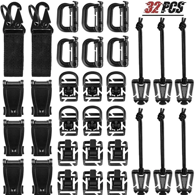 Kit de Accesorios para Mochila Molle, 32 Piezas, Anillo en D, Cierre Grimloc, Clip para Equipo, Dominador de Cintas, Correas Elásticas