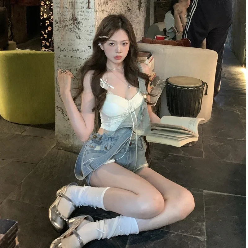 

Street Style Fashion Sexy Pure Desire Plaid Denim Overalls with Lace Knot Neck Hanging Top Women's Summer Outfit
