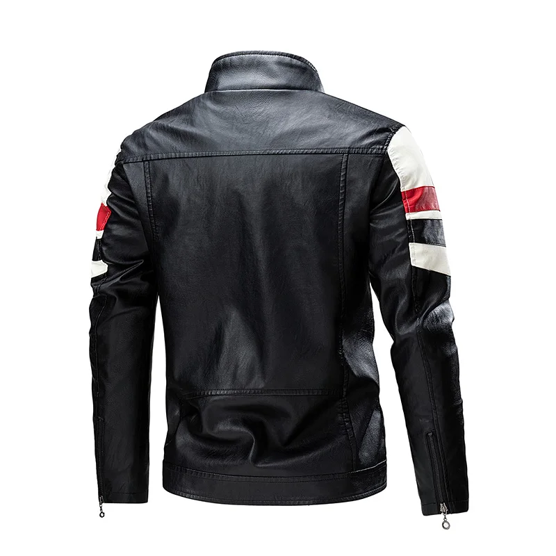 Maidangdi Male New PU Men's European and American Motorcycle Suit Plush Contrast Splicing Diagonal Pattern Leather Jacket Men's