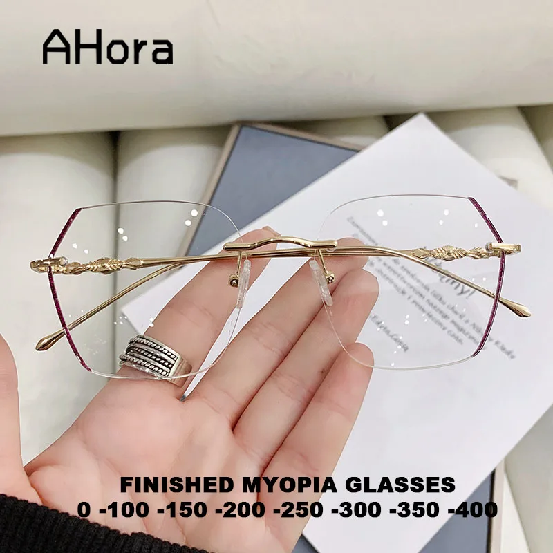 Ahora Polygon Women Optical Glasses Frame Bling Rimless Finsihed Myopia Glasses Female Spetacles Frames With Degree 0 to -400