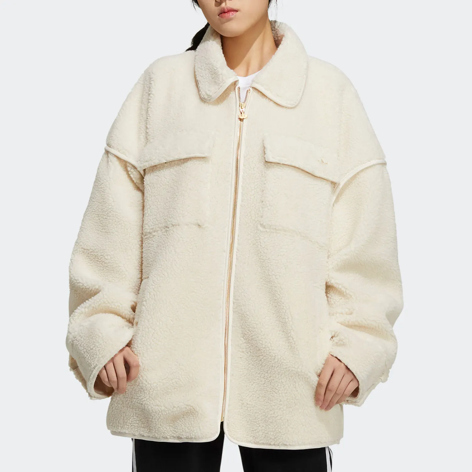 

Официальное женское теплое пальто Adidas с отложным воротником и тремя полосками из овечьей шерсти HC6602