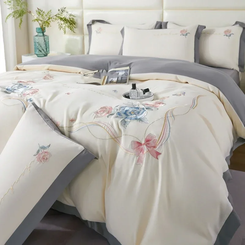 3pcs Polyester Duvet Cover Set (1*Duvet Cover + 2*Pillowcase, Without Core), Elegant Flower Embroidered Bedding Set