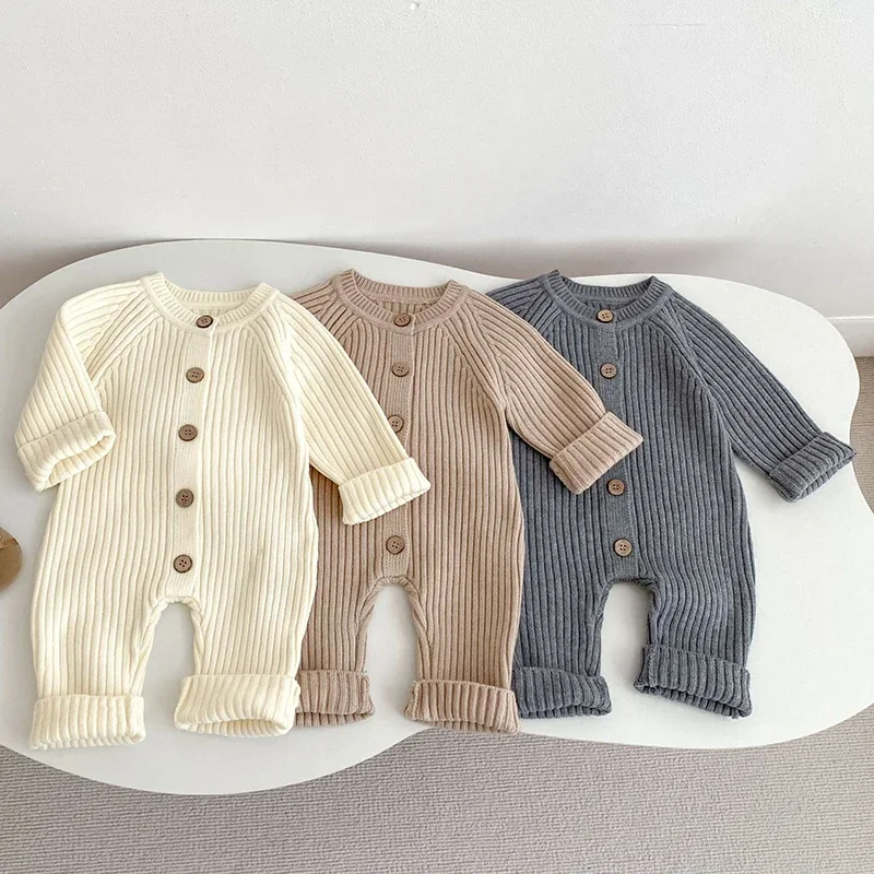 

2025 New Autumn 0-24M Korean Style Climbing Suit Long Sleeved Solid Color Jumpsuit Toddler Baby Boys Girl Knitted Romper