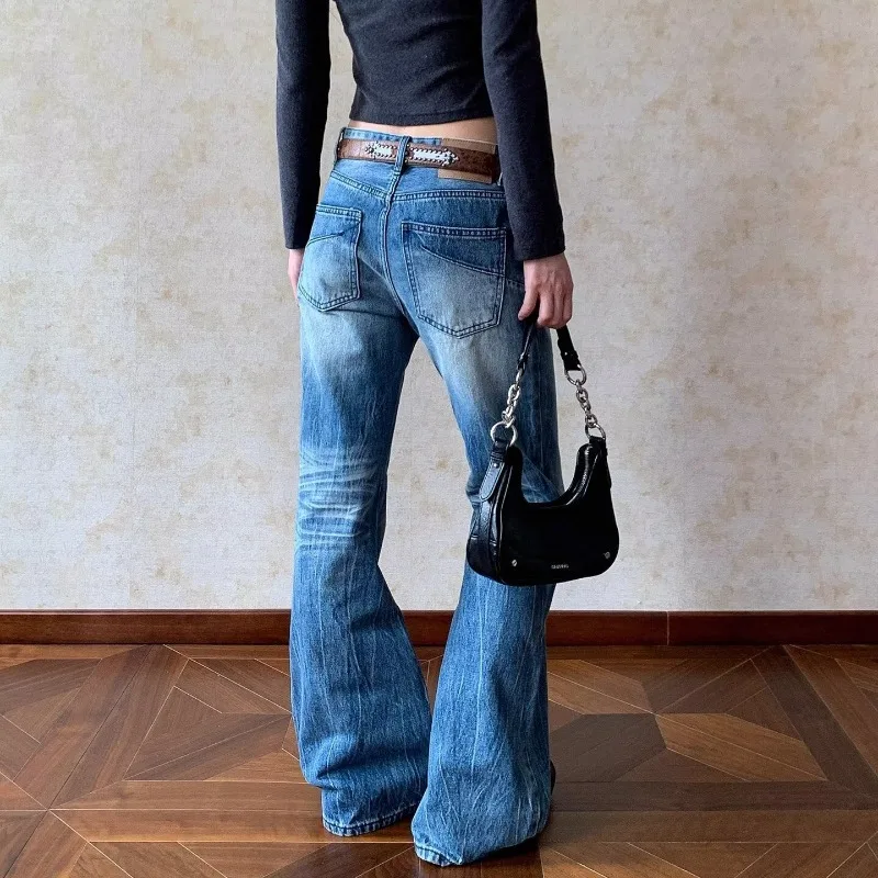 

Женские винтажные джинсы-клеш в стиле Old Money, японский уличный стиль Y2K, джинсовые брюки в стиле гранж, корейский уличный стиль High Street