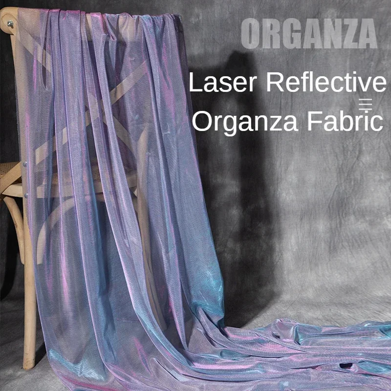 Striped Laser Shiny Organza Fabric By The Meter for Decoration Clothes Dresses Sewing Soft Mesh Glitter Cloth Bright Thin Blue