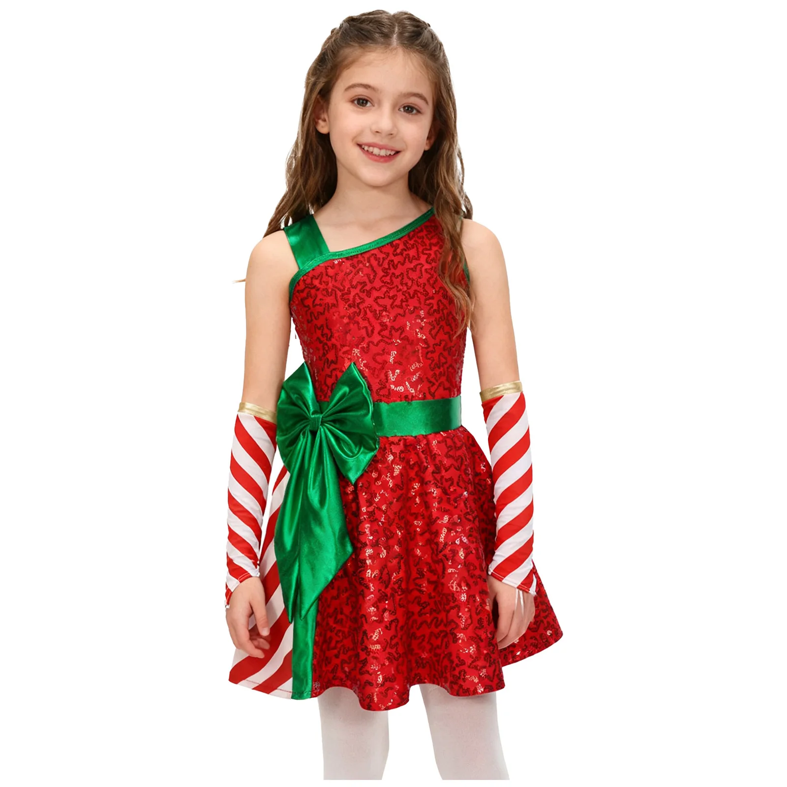 أطفال بنات الترتر عيد الميلاد يوتار فستان عيد الميلاد السنة الجديدة سانتا زي مع الكتف غير المتكافئة القوس الكبير والأكمام الطويلة شريطية