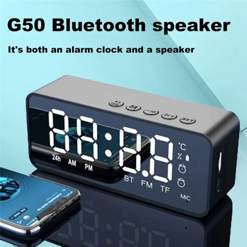 

G50 Wireless Bluetooth Speaker with Alarm Clock FM Mini Card Temperature Display Mirror Audio Black