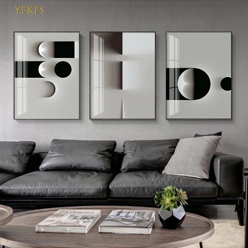 Black and white abstract line geometric circle three-dimensional color block Nordic oil painting home decoration art living room