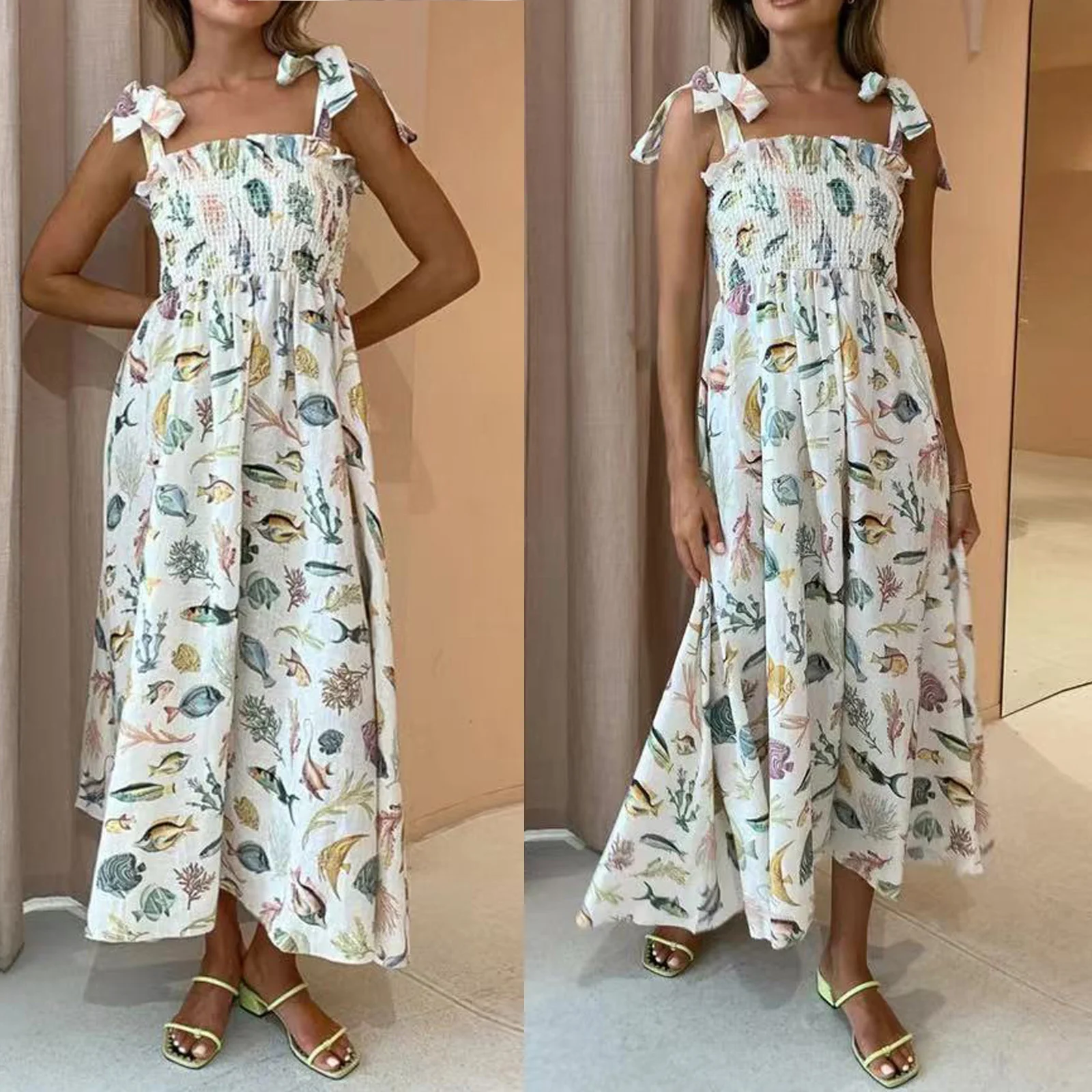 Women's Long Cami Dress Summer Sleeveless Open Back Shirred Fish Print Beach Dresses