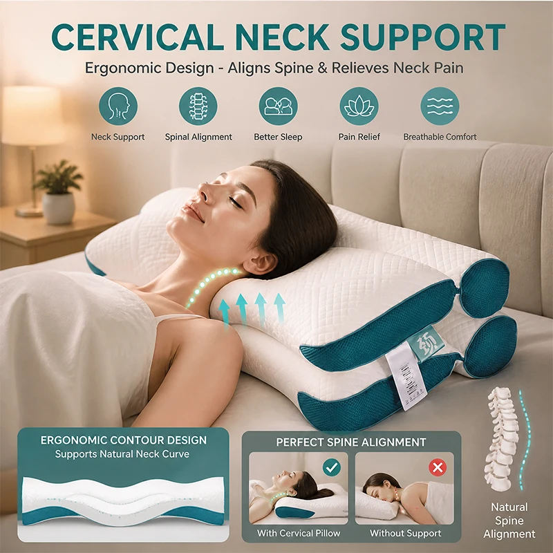 Orthopädisches Nackenkissen aus Memory-Schaum mit Langsam-Rückfederung, Ergonomische Nackenstütze, Kontur-Schlafkissen für Nackenschmerzen, für Seiten- und Rückenschläfer, Erwachsene, Atmungsaktiv und