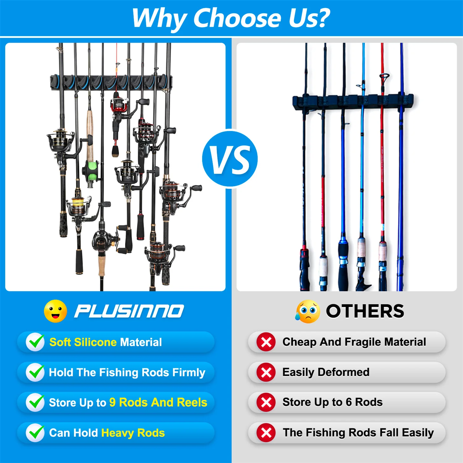 PLUSINNO Vertical Wall Mounted Fishing Rod Holder Pole Rack Holds Up to 9 Rods or Combos