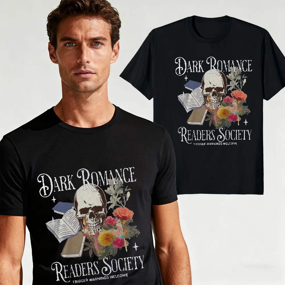 Dark Romance Readers Society Graphic T Shirt Skull Floral Book Vintage Men Short Sleeve Book Lovers Dark Fantasy Readers Tops