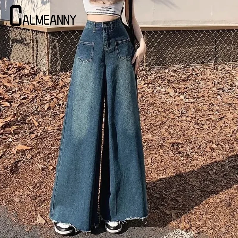 

2025 Spring Autumn Vintage Jeans Women High-waisted Loose-fit Pear-shaped Fashionable Trailing Rough Edge Wide-leg Bell Bottoms