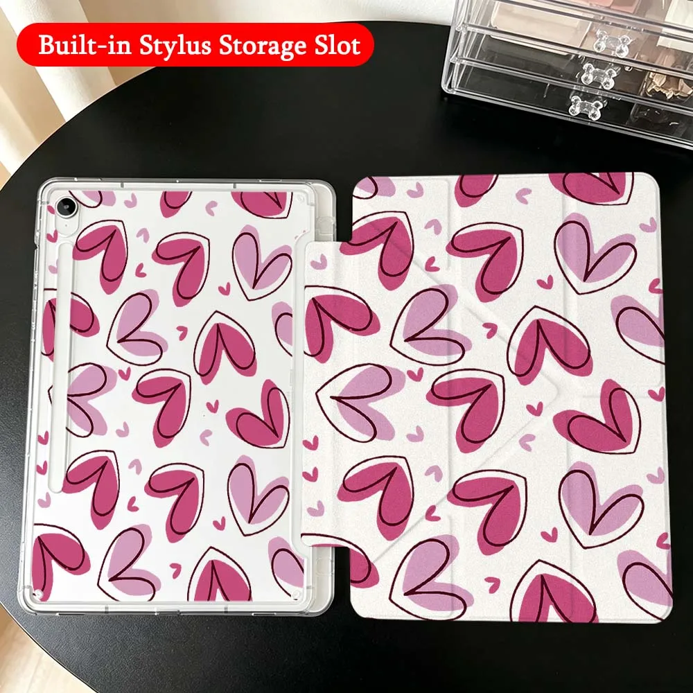 Cartoon Red Pink Hearts For Samsung Galaxy Tab A9 A8 A11 S6 S7 S8 S9 S10 FE Plus Lite Transparent Y-Shaped Folding Tablet Case