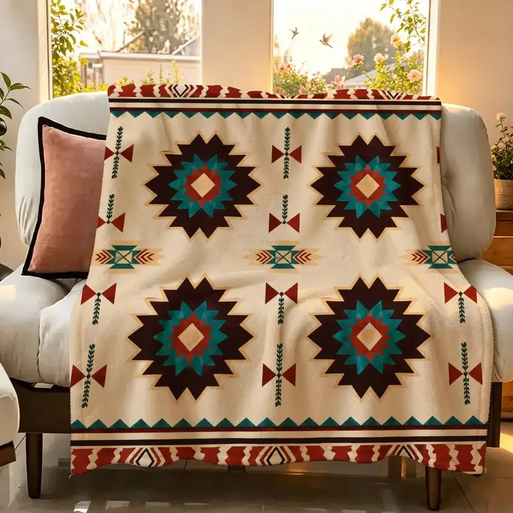 Bold Aztec Print Throw Flannel Throw Blanket Suitable warm for Sofa、Living Room、Bedroom soft