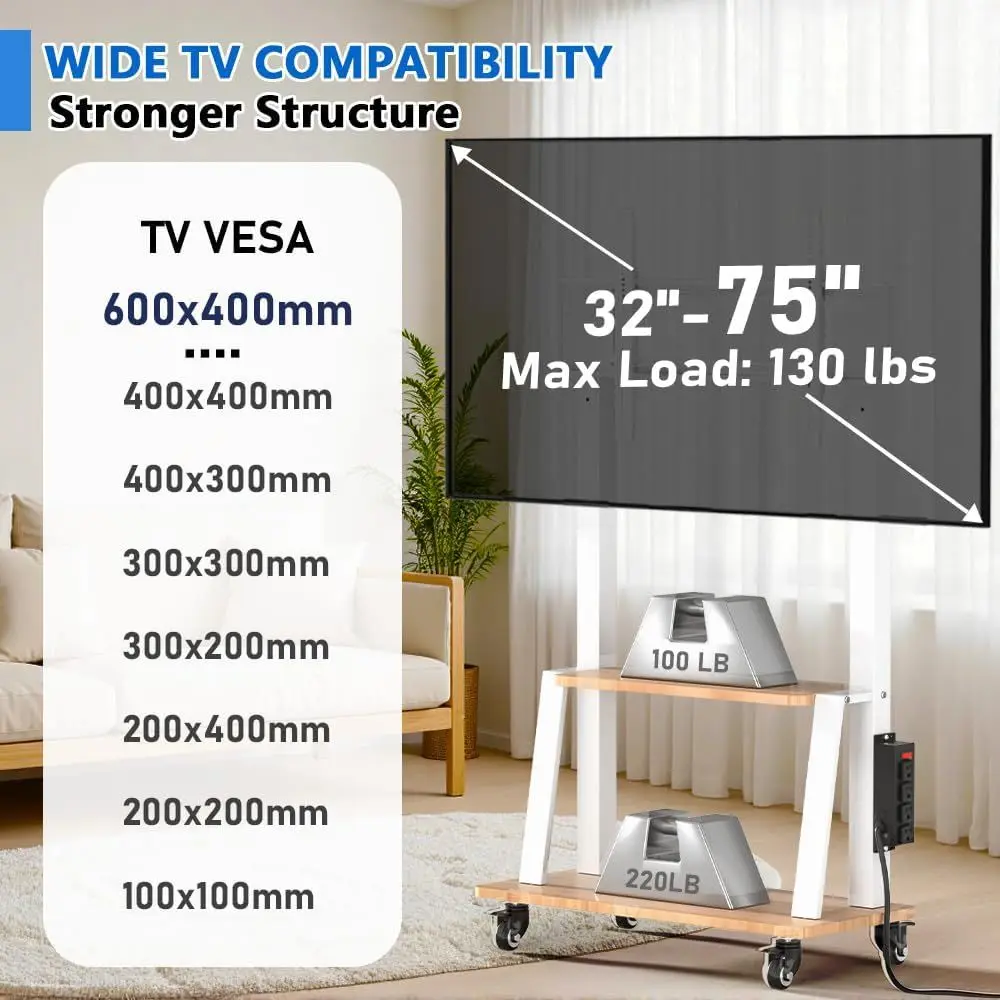 حامل تلفزيون متنقل مع مخرج طاقة، حامل تلفزيون محمول على رف خشبي على عجلات لتلفزيون 32 إلى 55 65 70 75 بوصة، ارتفاع قابل للتعديل #3