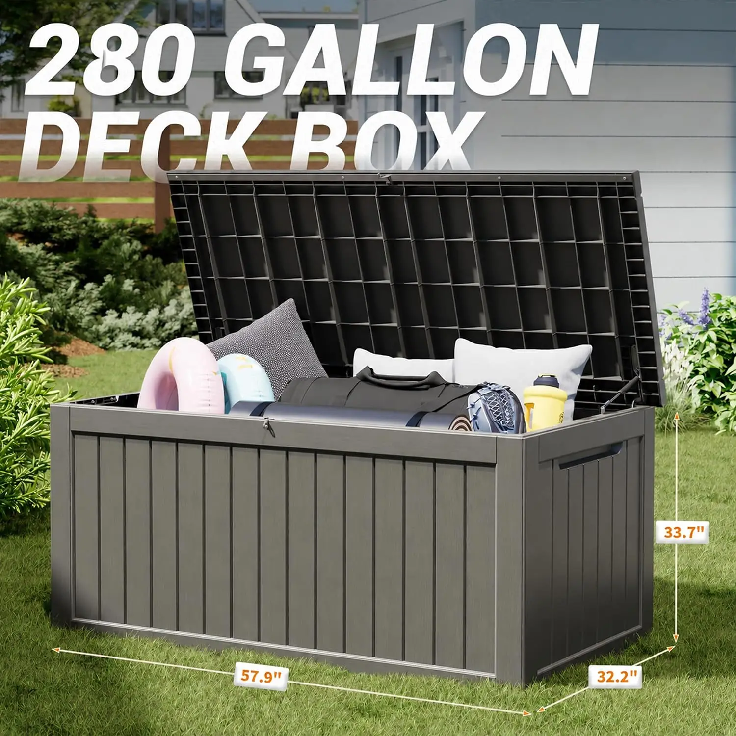 280 Gallon Outdoor Storage Box, Resin Deck Boxes Indoor and outdoor, Waterproof Storage Box Lockable Lid for Garden Tools, Packa