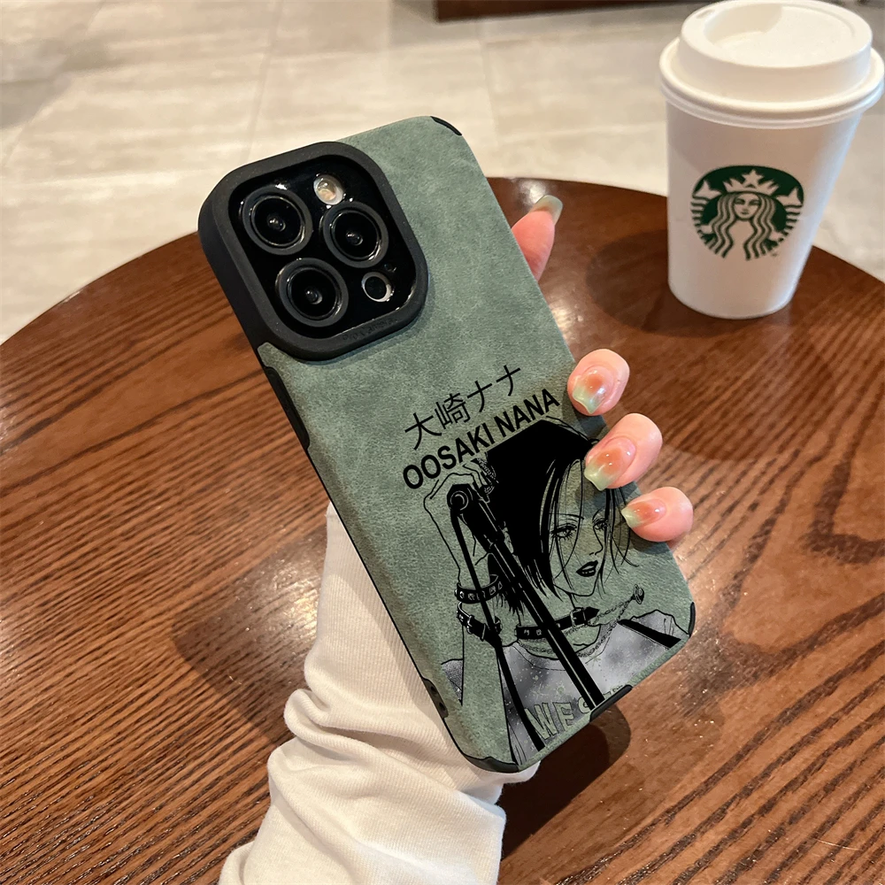 luxury Cool Black Oosaki Nana Suede Soft leather Case protection for iPhone 17 16 15 14 13 12 11 Pro Max XS XR X anime Coque