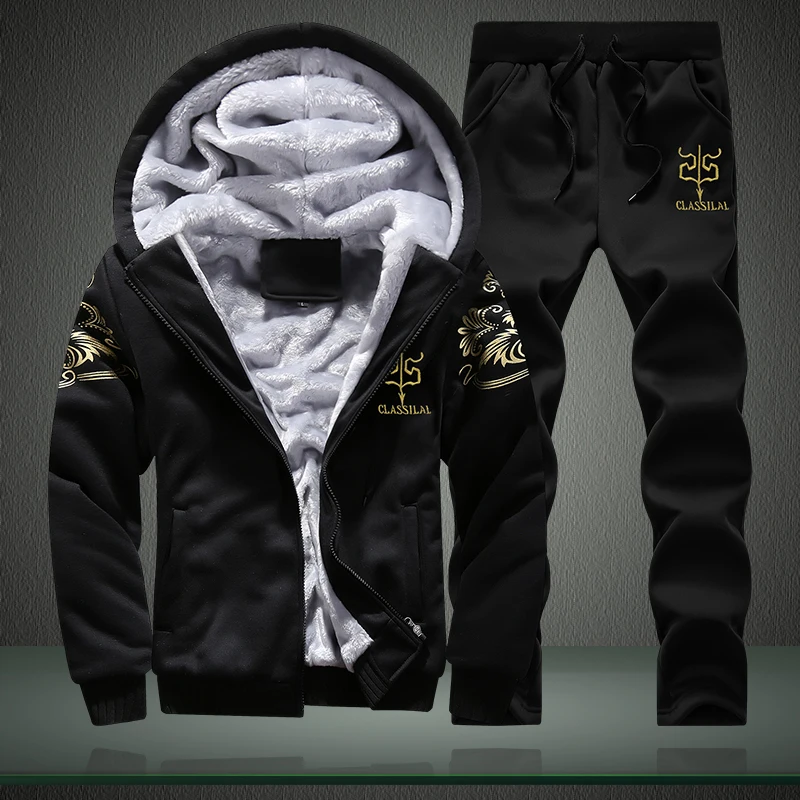 Men Thermal Fleece Hooded Tracksuit 2Pcs Winter Gold Print Jogging Outfit