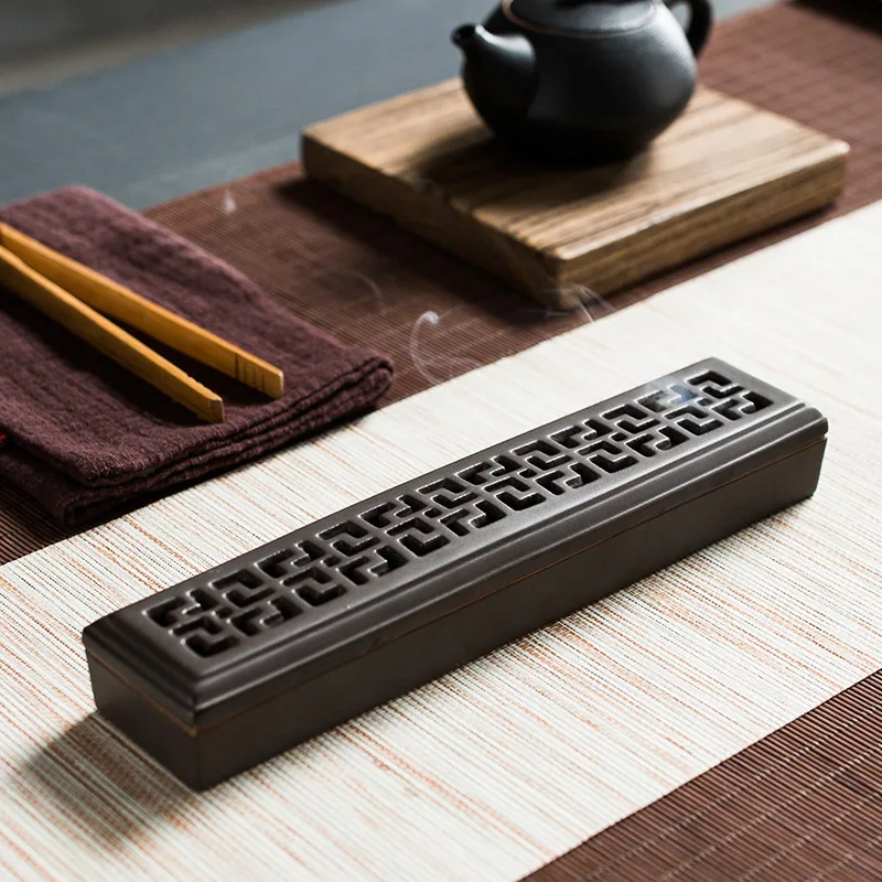 Long Rectangle Color Glaze Incense Burner Hollow Carved Aroma Box Ceramic Line Incense Holder Zen Tea Rooms Decor Household