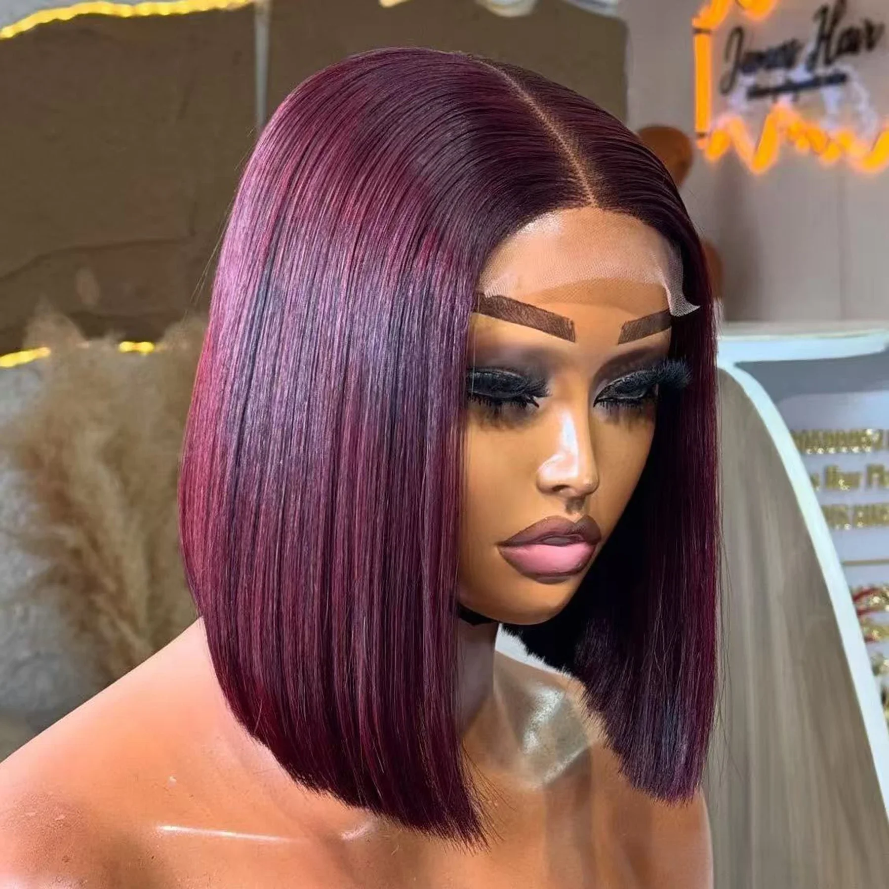 99J Red Burgundy Short Bob Blunt Cut Bone Silky Straight 13X4 HD Full Lace Frontal Wig Heat Resistant Fiber Glueless Wigs