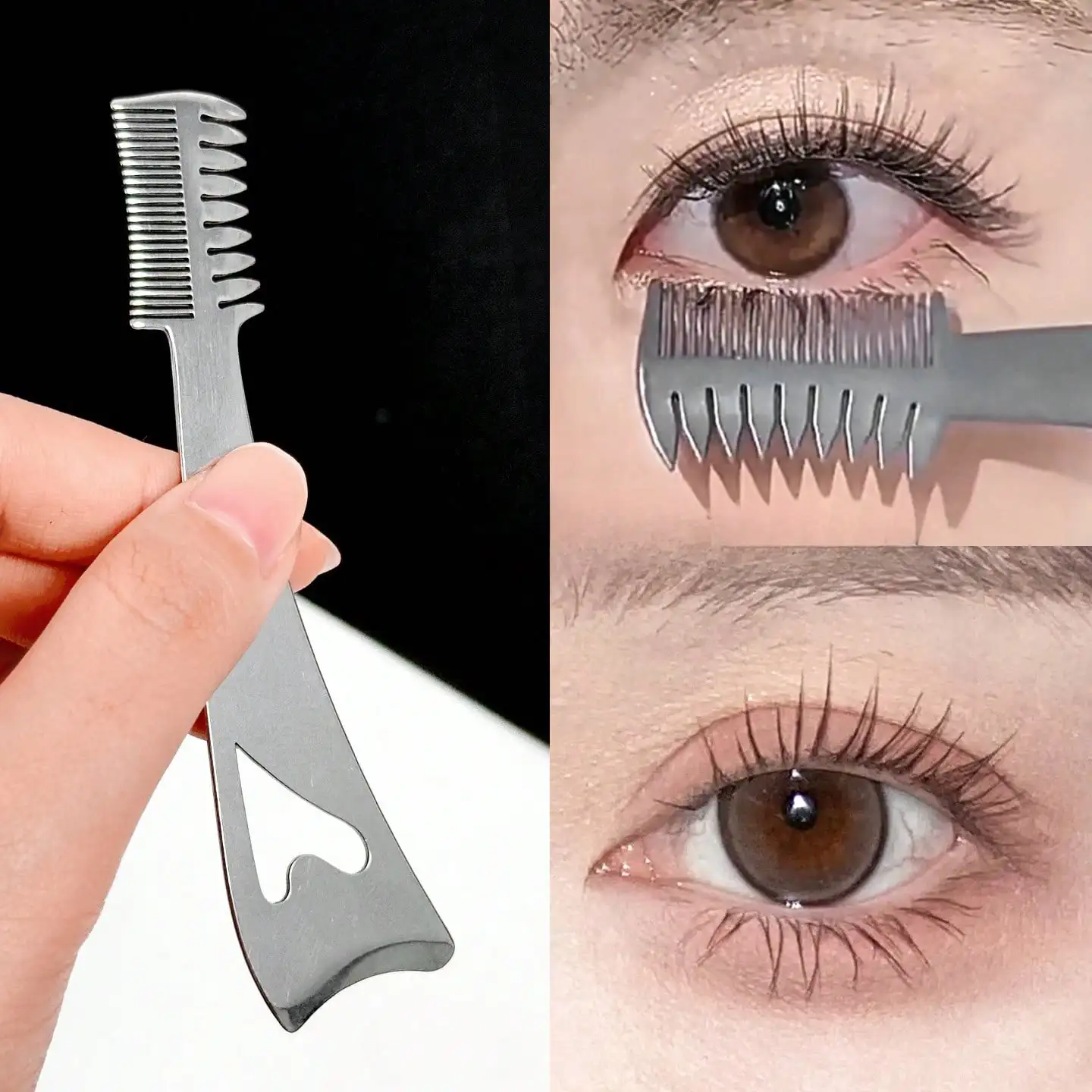 Stainless Steel Eyelash Curler, Eyelash Brush Tool, 3-1 Eyelash Comb, Crescent Shaped Eye Makeup Auxiliary Baffle