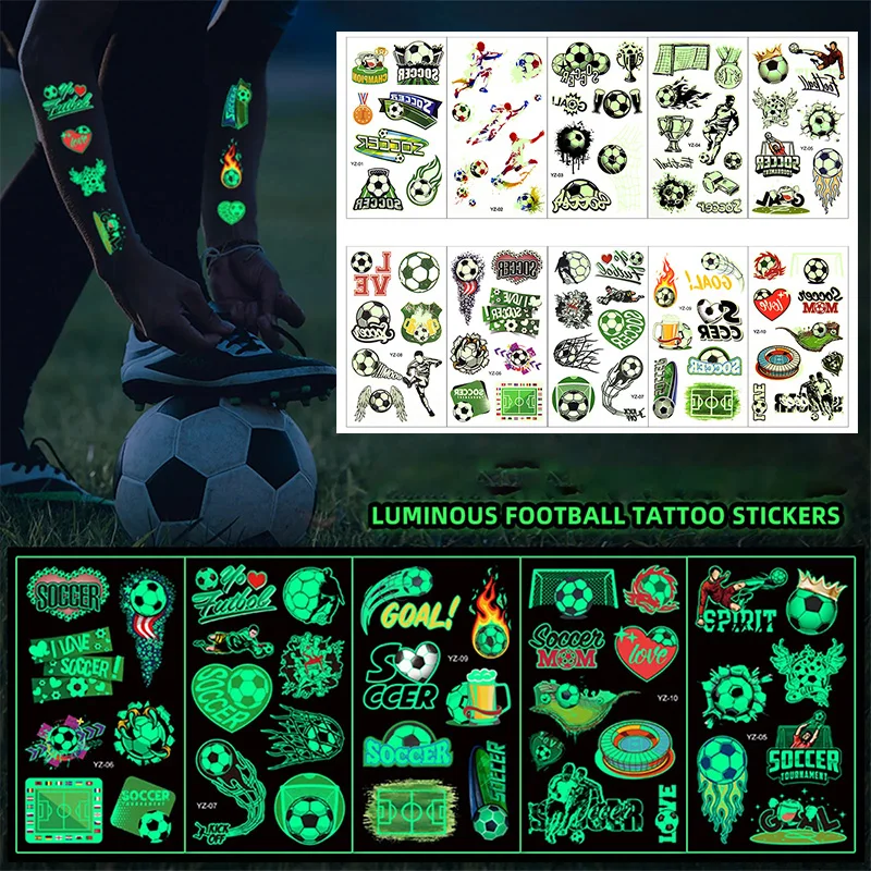 

10sheets Luminous Football Tattoo Stickers For Kids Arms Glow In The Dark Waterproof Temporary Tattoos For Soccer Birthday Party