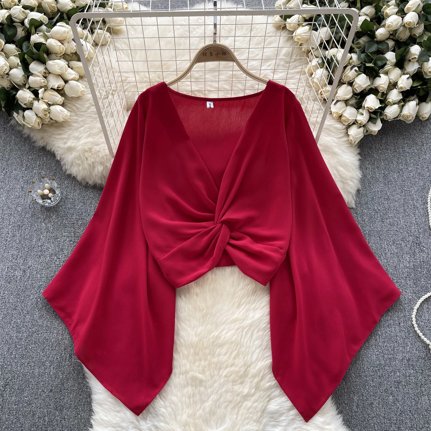 Chic Sweet Flare Long Sleeve V Neck Crop Blouse Slim Chiffon Elegant Korean Fashion Top Sexy Women Shirt