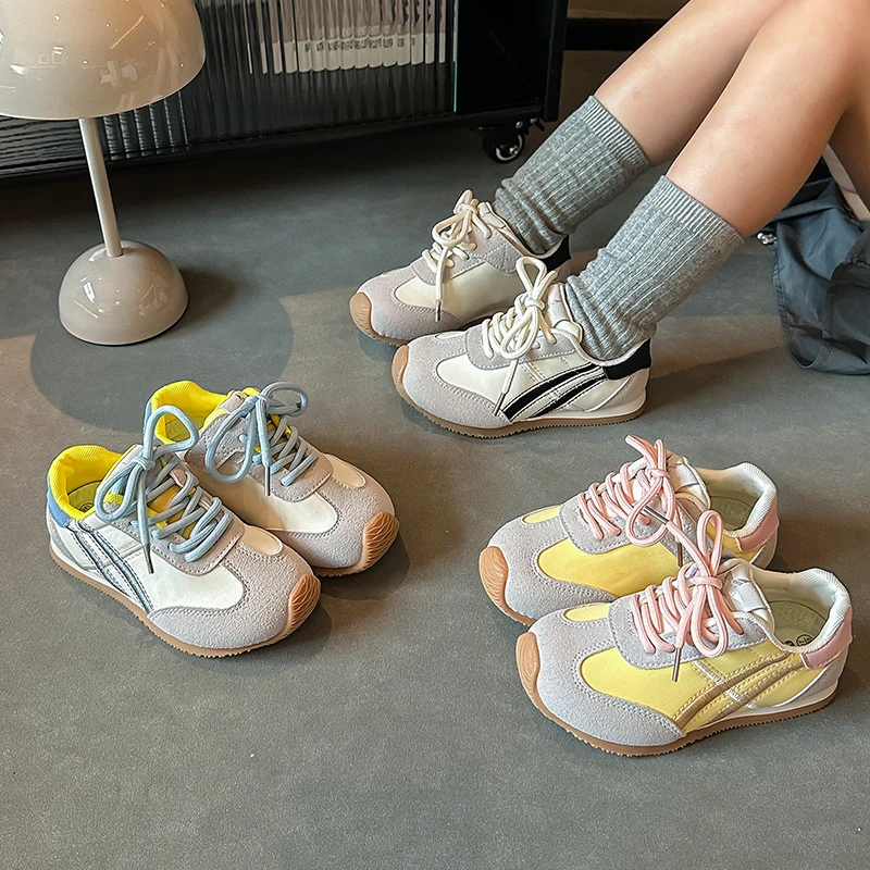 Kids Retro Lace-Up Color Block Trainer Sneakers Classic Retro Stripe Patchwork Design Soft Breathable Upper Material Casual Shoe