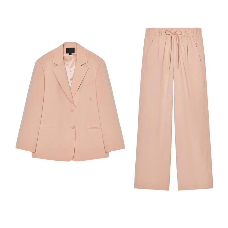 

Casual Comfortable Loose Fit Suit Jaet with Belt Elastic Waist Long Pants Two-Piece Set Long Sve Button-Up Faion Ensemble
