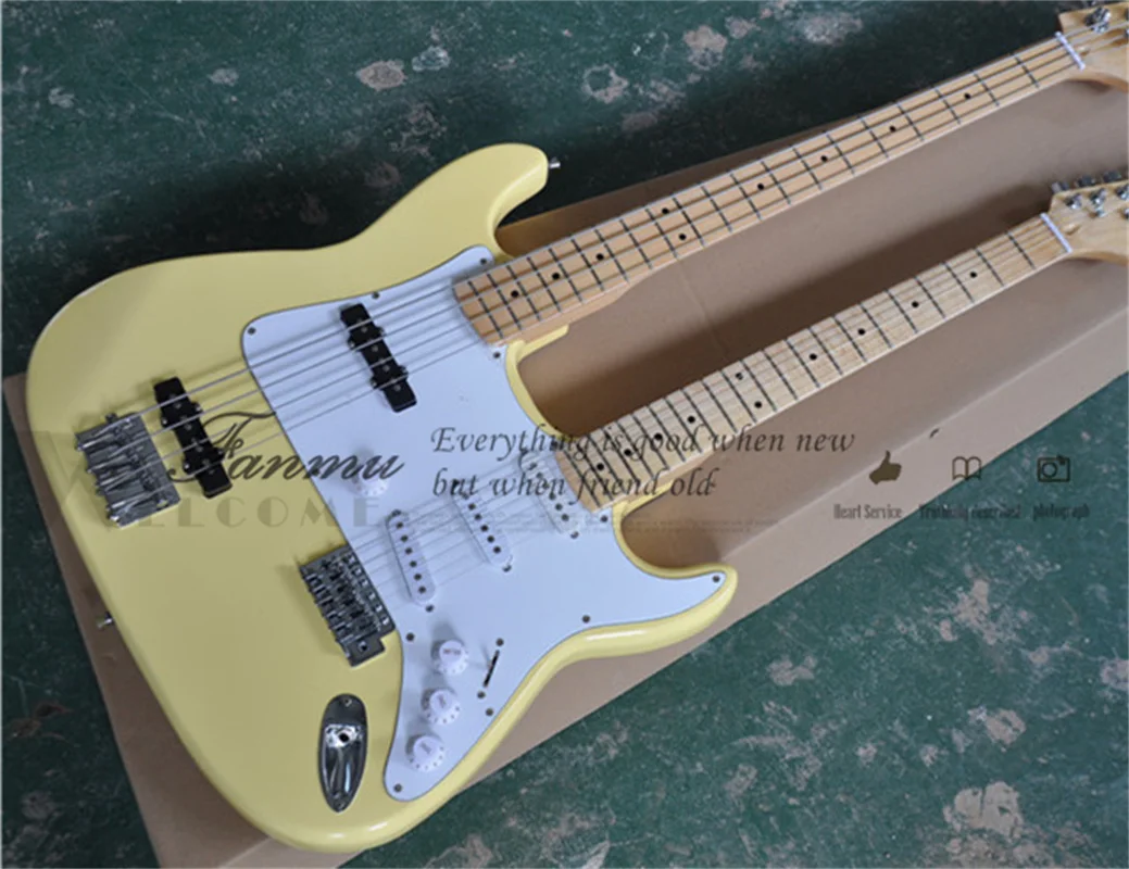 

Double head electric guitar Stra And Jaz Body Cream Yellow Basswood Maple Neck Fixed Bridge White Pickguard