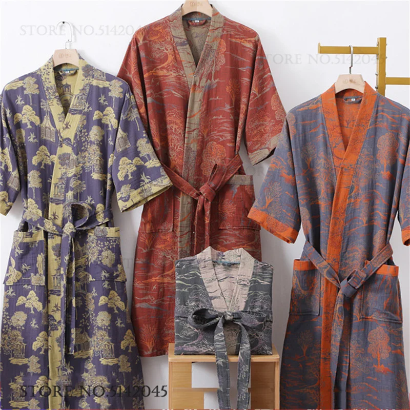 Double Layer Cotton Gauze Robe Couple Kimono Bathrobe Gown Jacquard Female Sleepwear Nightgown Sexy Loose Casual Homewear Pajama