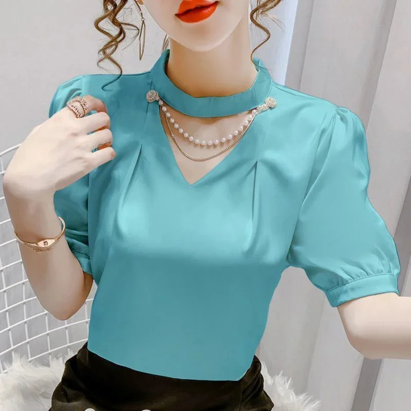 Women Summer Style Blouses Shirts Lady Fashion Casual Puff Short Sleeve Beading O-Neck Solid Pearl Blouses Tops