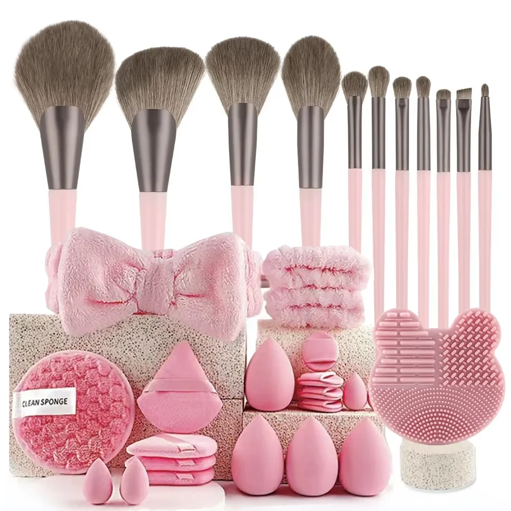 Makeup Brushes and Sponges Set, Pink Makeup Puff, Beauty Egg, Headband, Wristband Remover Kit, Makeup Tool, Gift 21-32pcs