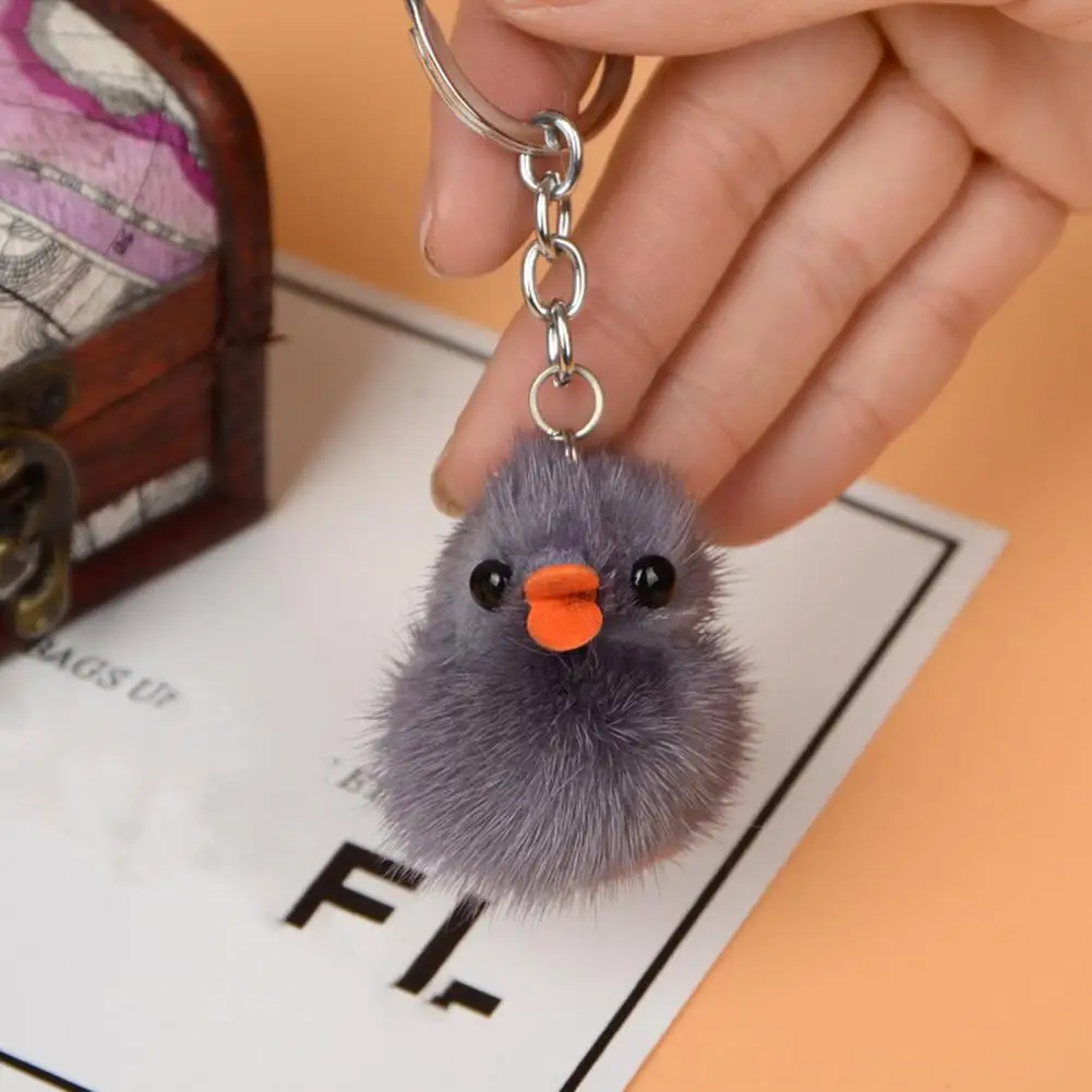 Small Plush Toy Key Ring Colorful Faux Mink Fur Duck Keychain with Helmet Funny Bag Charm Car Keyring for Women Unique Plush Toy